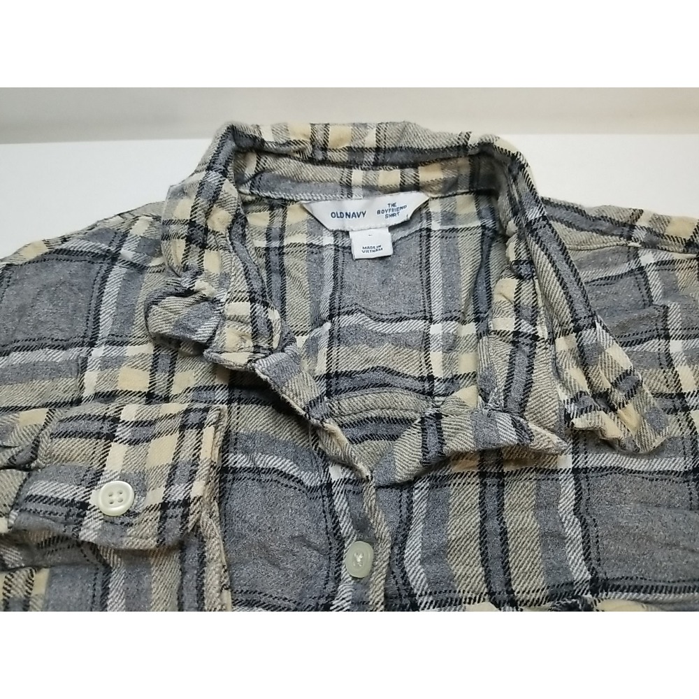 Old Navy Womens Large The Boyfriend Shirt Gray Plaid Flannel Button Up L